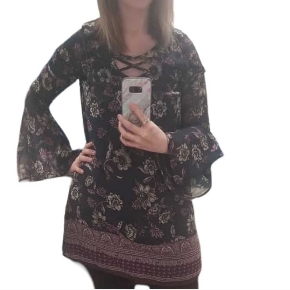 Speechless Floral Bell Sleeve Boho Tunic Dress Small Juniors - Picture 6 of 6
